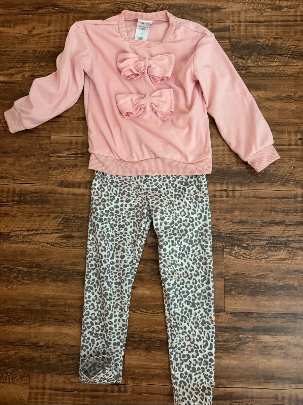 Kids Pink Bow Sweatshirt & Leopard Leggings Matching Set